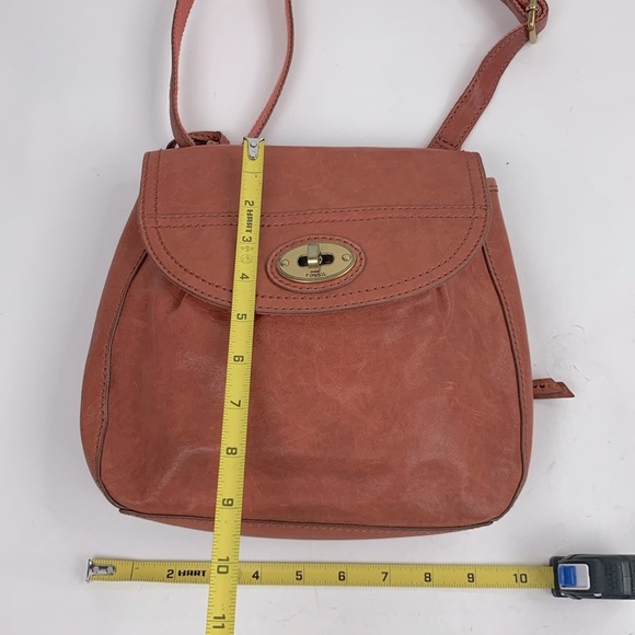 Fossil Leather Crossbody Bag Brass Turnkey and key charm Adjustable Rust Orange - Picture 14 of 16